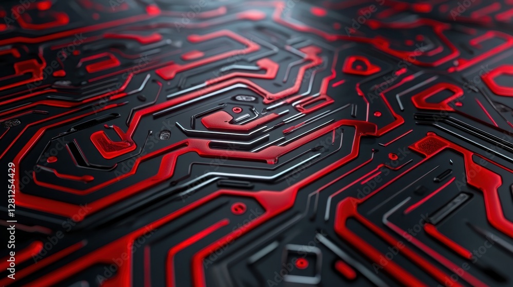 Poster abstract close up of a circuit board with red and black pathways. the image features intricate detai