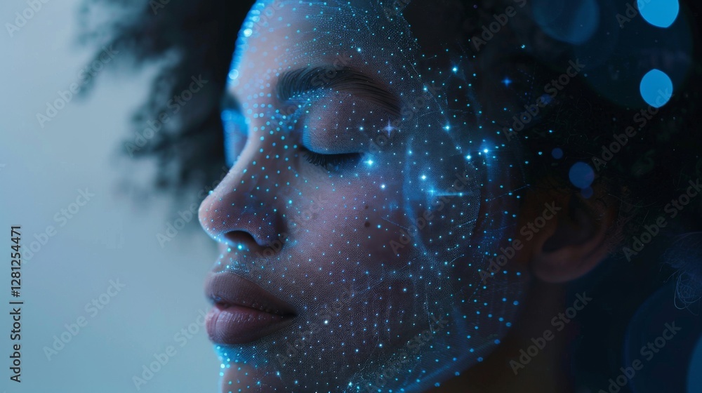 Poster a woman with closed eyes experiences a digital meditation session. her face is illuminated with a ne