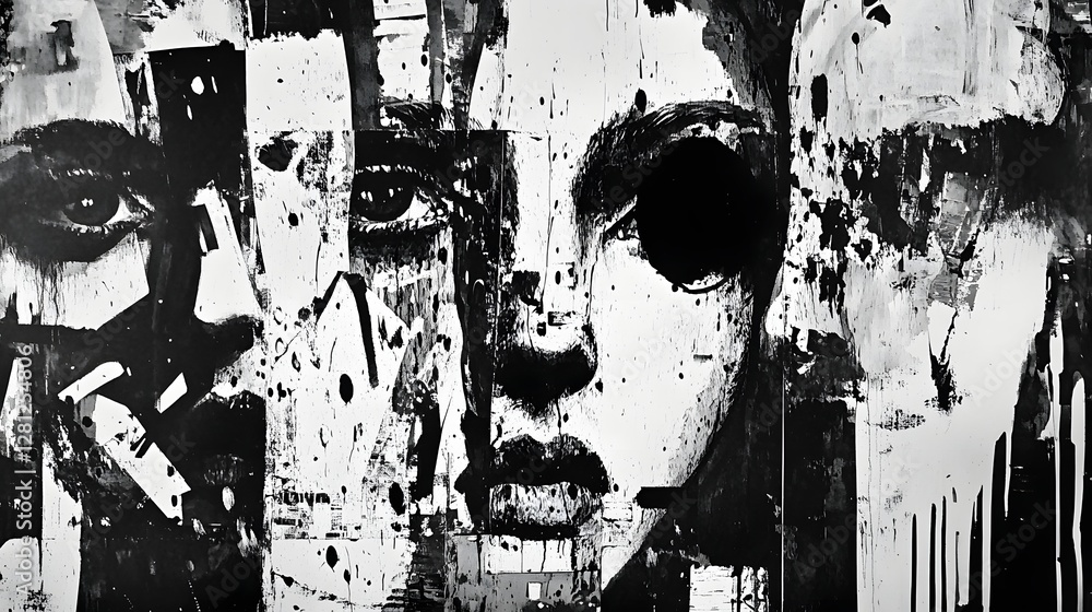 Poster compelling abstract digital art portrait featuring a distorted emotive face with a surreal expressiv