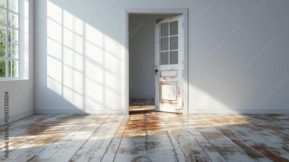Poster sunlight streams through an open door, dancing on the wooden floor of a white room adorned with a vi