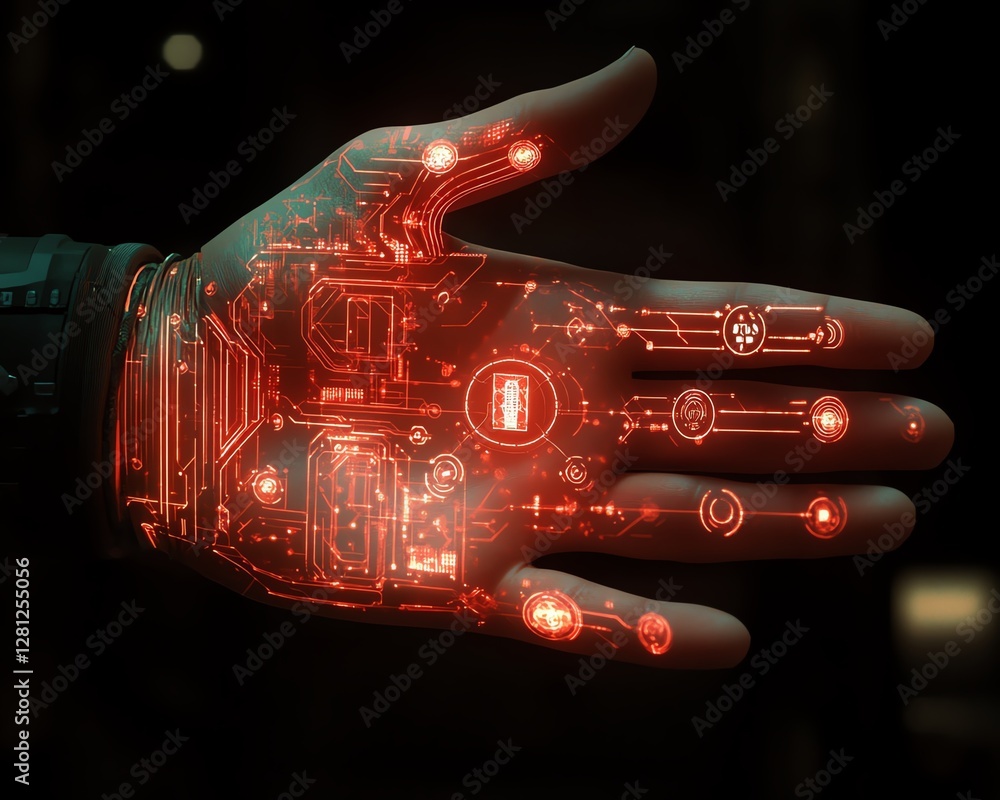 Aufkleber futuristic ai assistant hologram on a hand, glowing icons and complex connections, dark background, 