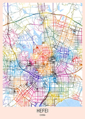 Hefei China City Map, district banner, business modern landmark, neighborhood paint travel, hometown downtown design, destination landmark