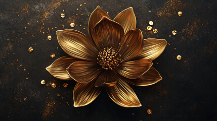 A stunning 3D-rendered golden flower with delicate sculpted petals glowing under warm lighting against a dark background emphasizing its metallic elegance and beauty.
