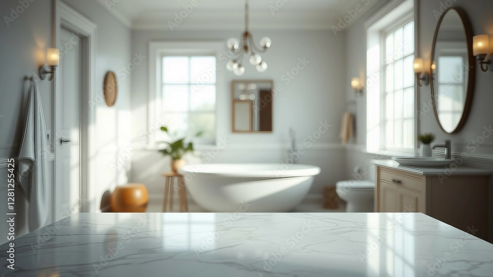 Poster White bathroom interior Empty marble table top for product display with blurred bathroom interior