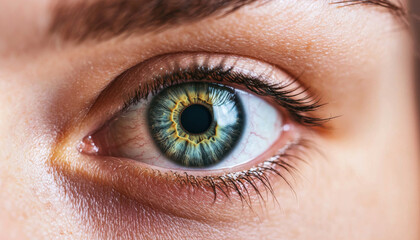 Fototapeta premium A close-up of a vibrant green and blue eye, showcasing intricate details of the iris, eyelashes, and skin around it.