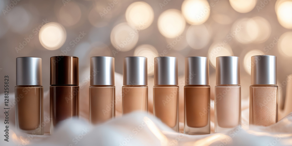 Poster various shades of foundation neatly arranged on a soft white surface with bokeh lights in the backgr