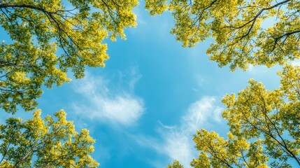 Vibrant Green Trees Framing Blue Sky with Soft White Clouds