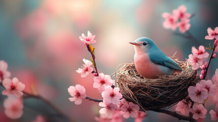 Fototapeta premium Spring wallpaper of a bird's nest nestled among blooming cherry blossoms