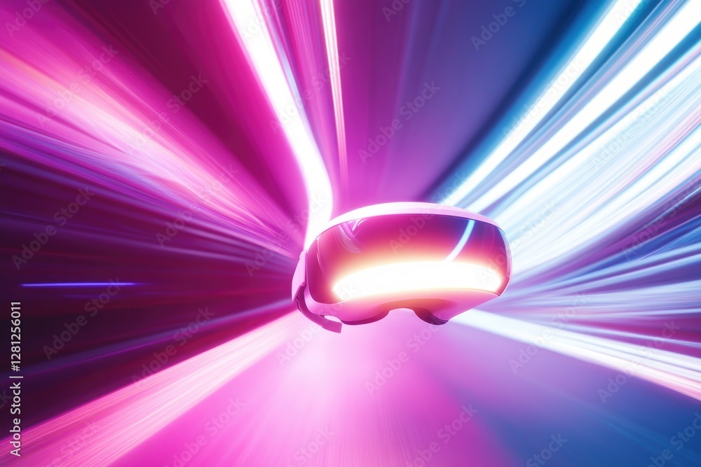 Poster creative rendering of vr headset glowing in abstract digital environment with dynamic light trails a