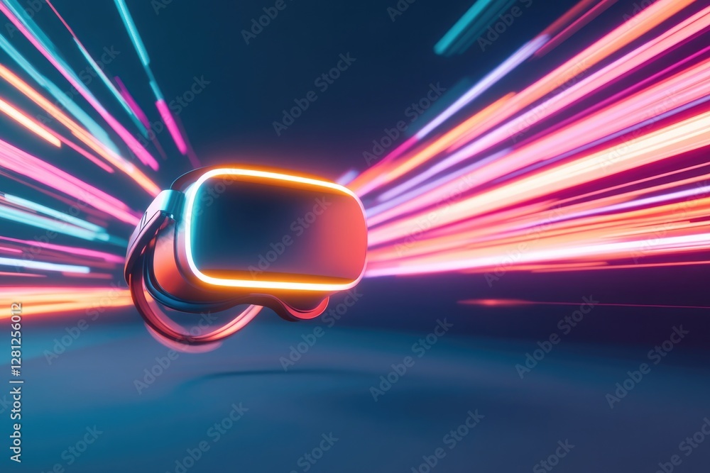 Poster creative rendering of vr headset glowing in abstract digital environment with dynamic light trails a