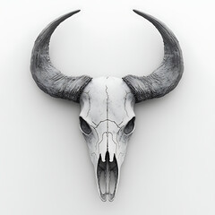 Fototapeta premium A highly detailed realistic buffalo skull with large curved horns displayed against a white background showcasing intricate bone texture and natural wear patterns.