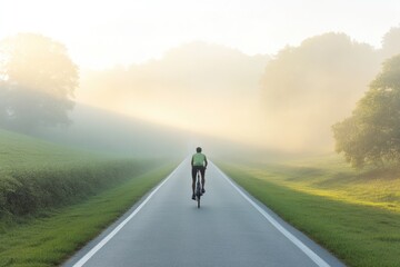 Obraz premium cyclist pedals along serene countryside road morning sunlight casting elongated shadows providing peaceful scene with