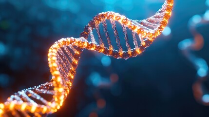 digital conceptual image of single dna strand being perfectly replicated into multiple identical strands glowing in