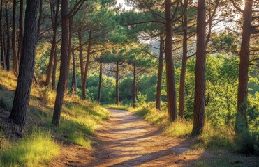 Sunlit Forest Path Through Pine Trees at Sunset