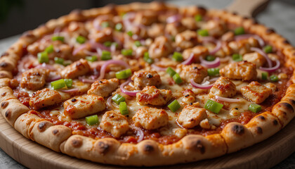Barbecue chicken pizza with crispy crust, red onion, green bell pepper, and tomato sauce on a wooden plate