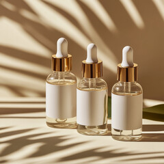Naklejka premium Three elegant dropper bottles with gold caps in soft lighting