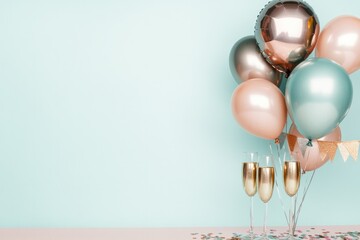 festive bachelorette party scene with metallic balloons and champagne glasses set against plain pastel background