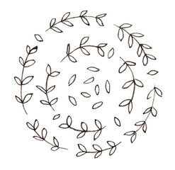 Circular pattern of delicate hand-drawn olive branches and leaves