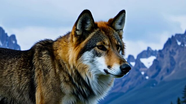 Close-up of a brown wolf in Banff National Park, its piercing amber eyes staring intently, with a thick fur coat blending into the rugged wilderness backdrop.