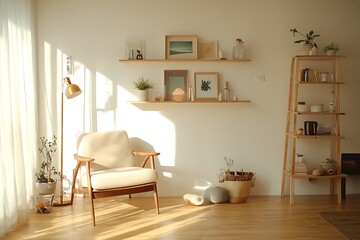 Sunny, Minimalist Living Room with Wooden Furniture and Natural Decor