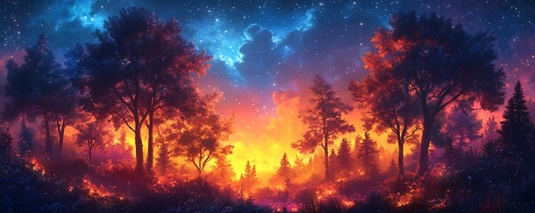 Fototapeta premium A fiery forest ablaze under a starry night sky