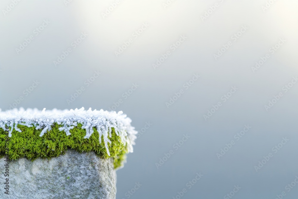 Poster macro shot of frost-covered moss on stone intricate details highlighted by soft natural light provid