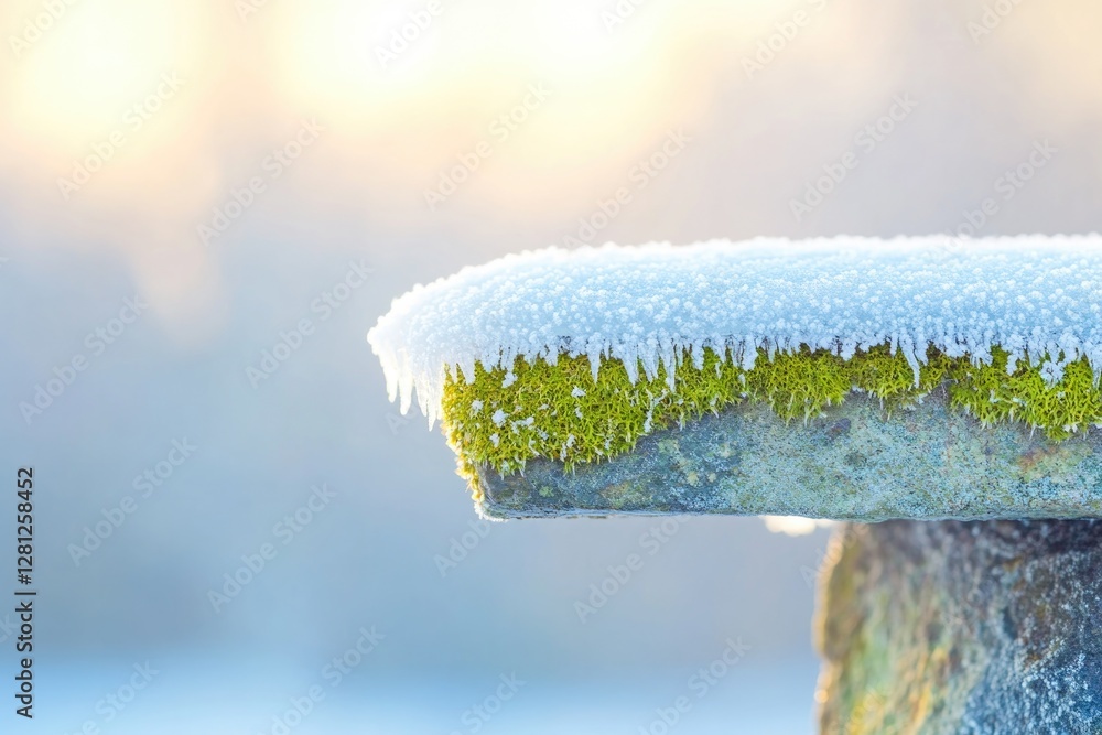 Poster macro shot of frost-covered moss on stone intricate details highlighted by soft natural light provid