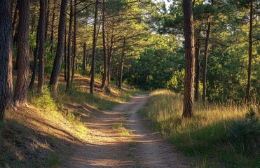 Fototapeta premium Sunny forest path through pine trees