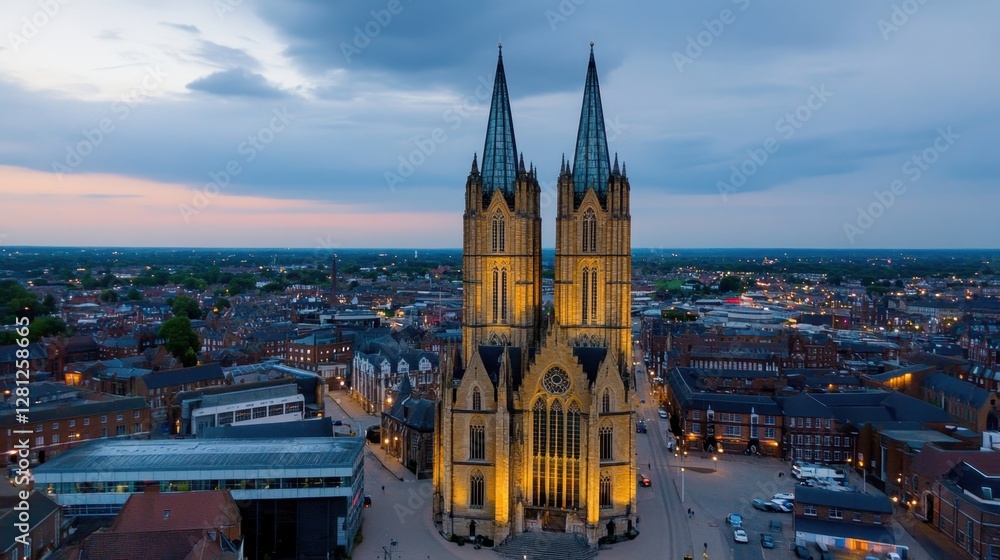 Poster aerial view showcases an illuminated cathedral with twin spires against a twilight sky, surrounded b