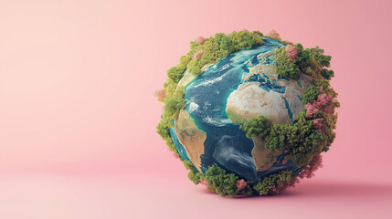 Globe showing continents covered in vibrant, lush forests, floating in a soft pastel colored background