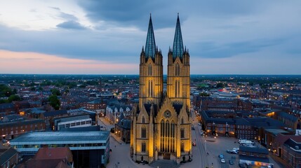 Fototapeta premium Aerial view showcases an illuminated cathedral with twin spires against a twilight sky, surrounded by a cityscape with lights and architecture