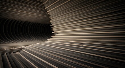 Abstract Wooden Tunnel Structure with Geometric Lines and Dark Interior