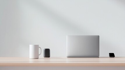 minimalist desk setup with sleek laptop innovative gadgets and subtle coffee mug conveying modern and professional