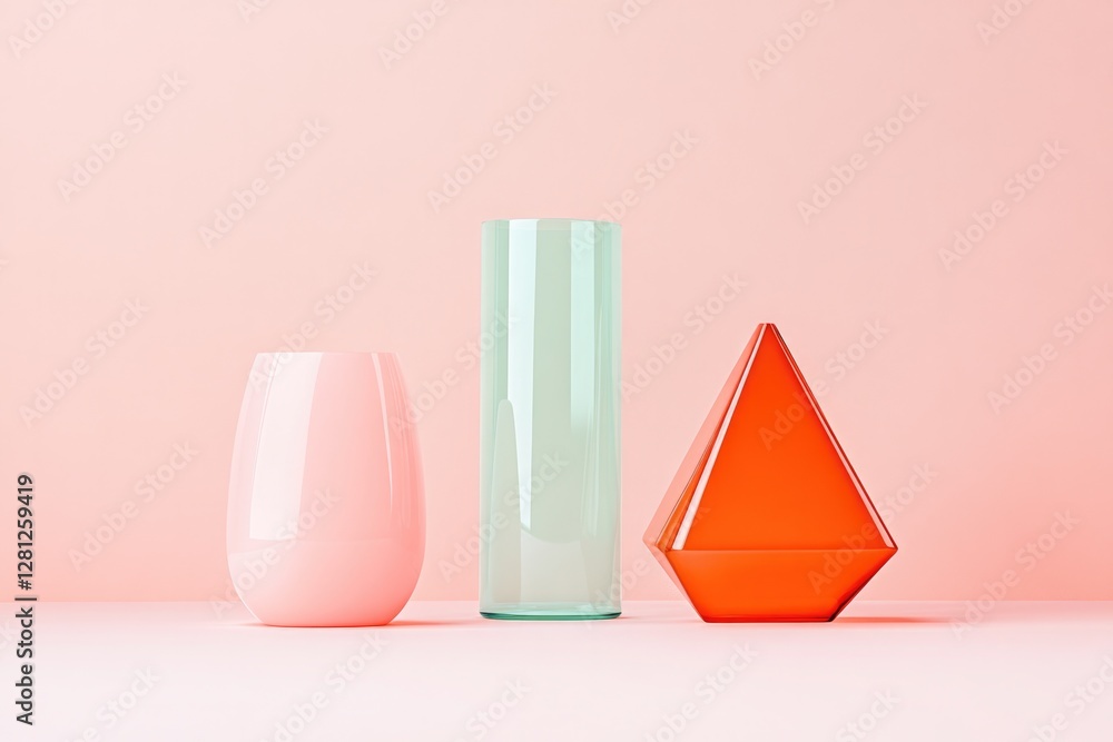 Poster minimalistic composition featuring sculptural plastic forms against plain background with ample copy