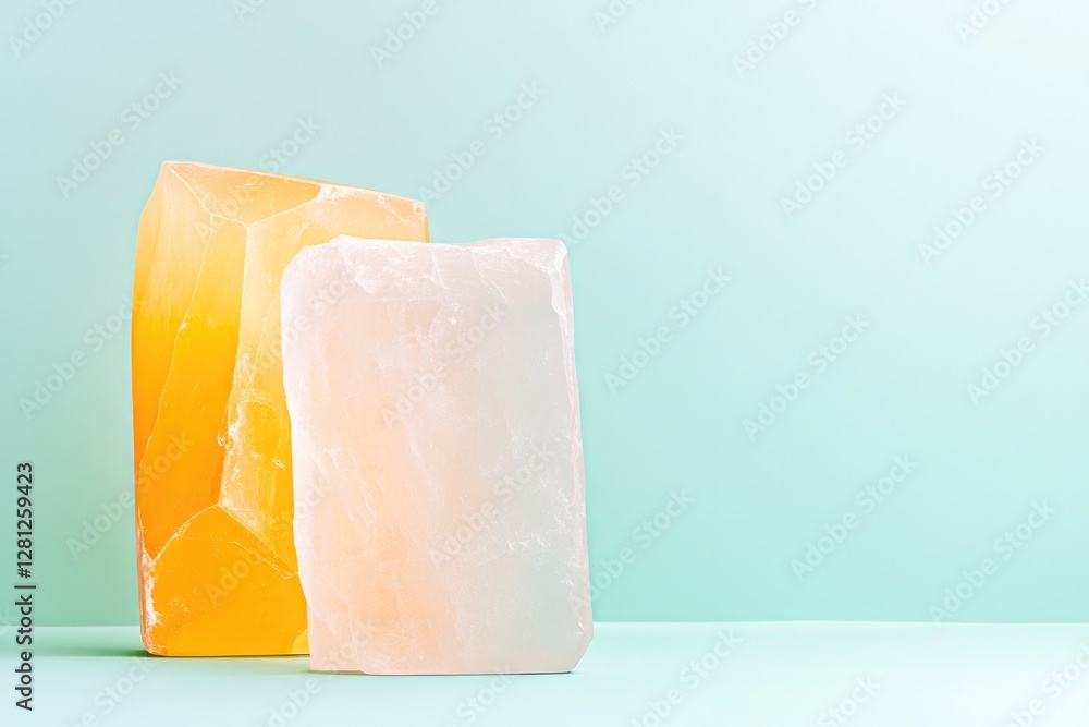 Poster minimalistic composition featuring sculptural plastic forms against plain background with ample copy