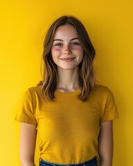 Obraz premium Smiling woman with freckles against a vibrant yellow backdrop, radiating youthful joy and positivity. Ideal for lifestyle, beauty, wellness, and fashion.