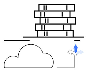 Stacked server racks, abstract cloud shape, and upward arrow suggesting growth and direction change. Ideal for IT, data management, cloud computing, networking, business growth, strategy digital