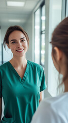 Fototapeta premium Healthcare nurse junior doctor hospital corridor young woman Caucasian brown hair eyes, green scrubs talking with patient smiling, window light