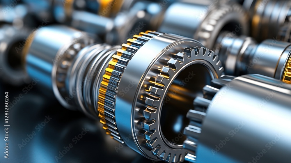 Poster close up view of intricate metal gears and precision components, showcasing detailed textures agains