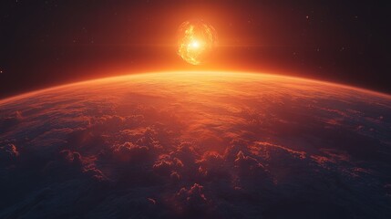 Fototapeta premium Fiery asteroid impact on a red planet's horizon.