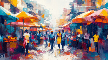 Colorful African street market with vibrant umbrellas and people