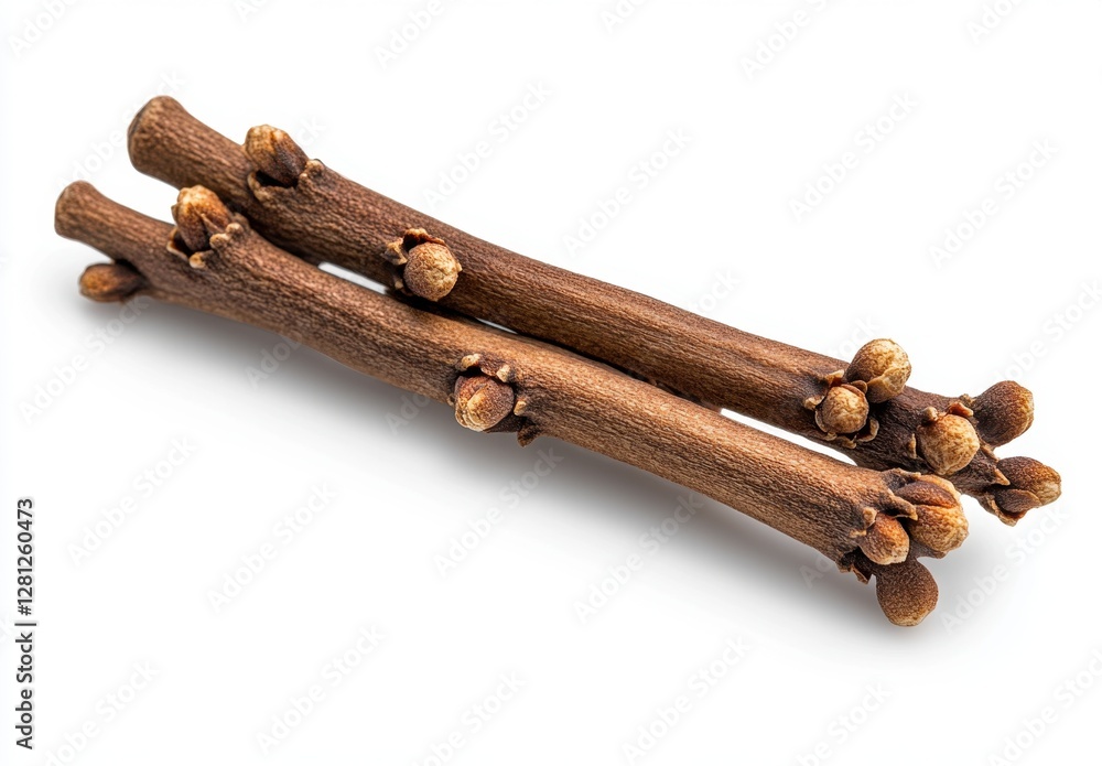 Poster two brown twigs with small buds, isolated on a white background. close up view showing texture and d