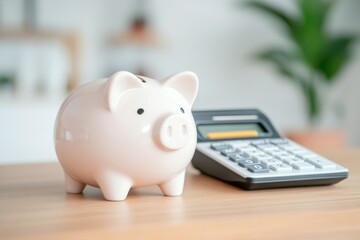 piggy bank and calculator on wooden desk symbolize strategizing for savings and future pensions