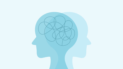 Mental health background, Two overlapping human head silhouettes with tangled lines inside, symbolizing confusion, duality or psychological struggle