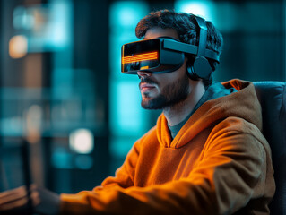man wearing futuristic VR headset in dimly lit room