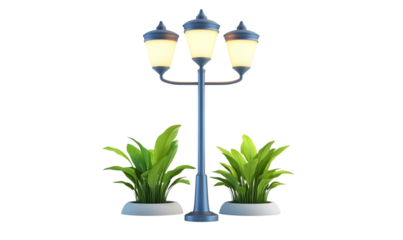 Elegant lamp post with vibrant green plants.