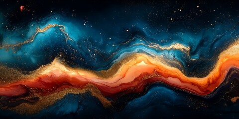 Obraz premium Abstract Fluid Art with Gold Glitter, Deep Colors and Dynamic Flow