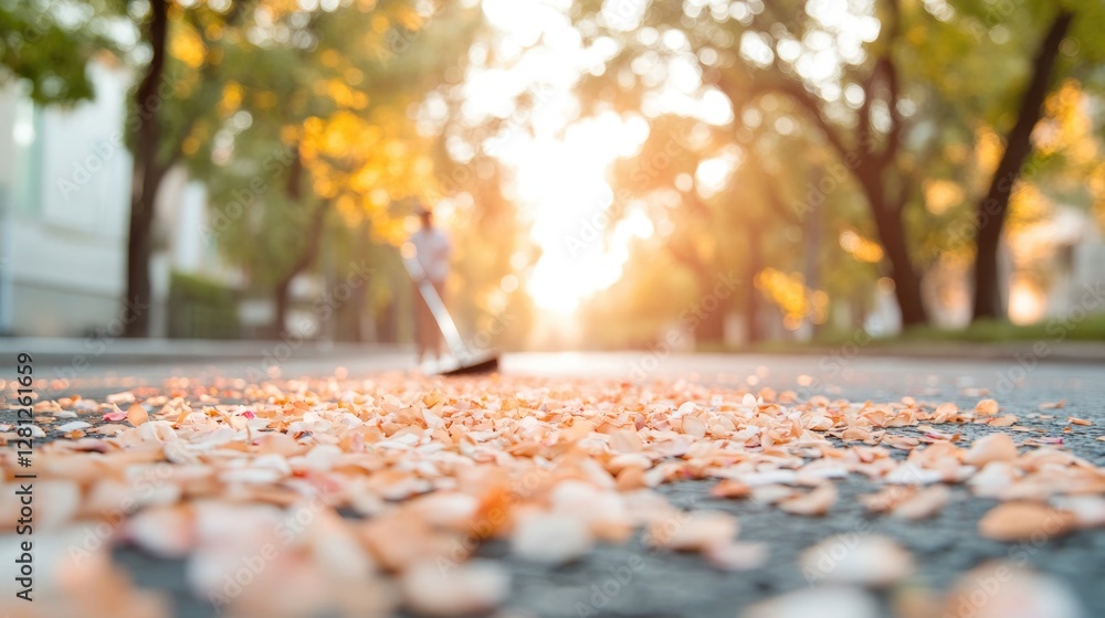 Poster reflective worker sweeping petals from tree-lined boulevard with blurred canopy framing ample copy s
