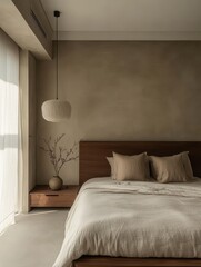 A modern bedroom features a stylish hanging light fixture
