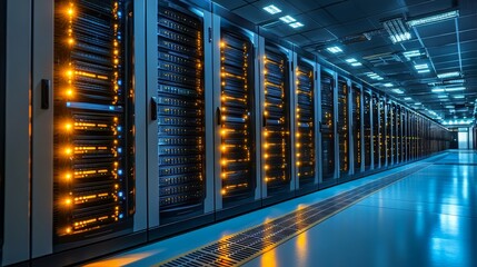 futuristic data center with glowing server racks and advanced cloud computing infrastructure